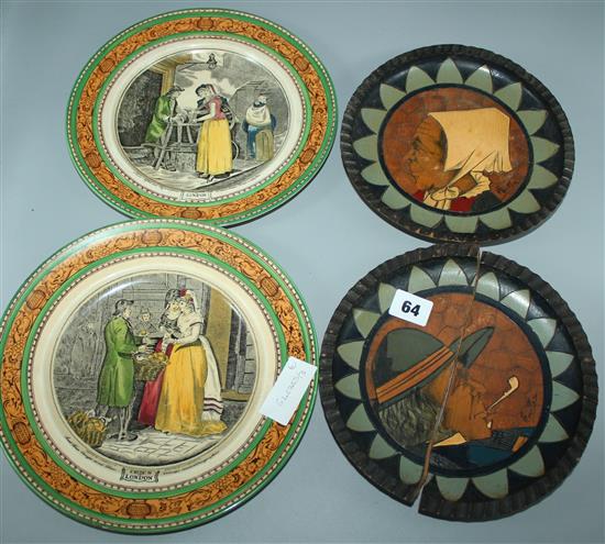 2 china London plates & 2 wooden plates